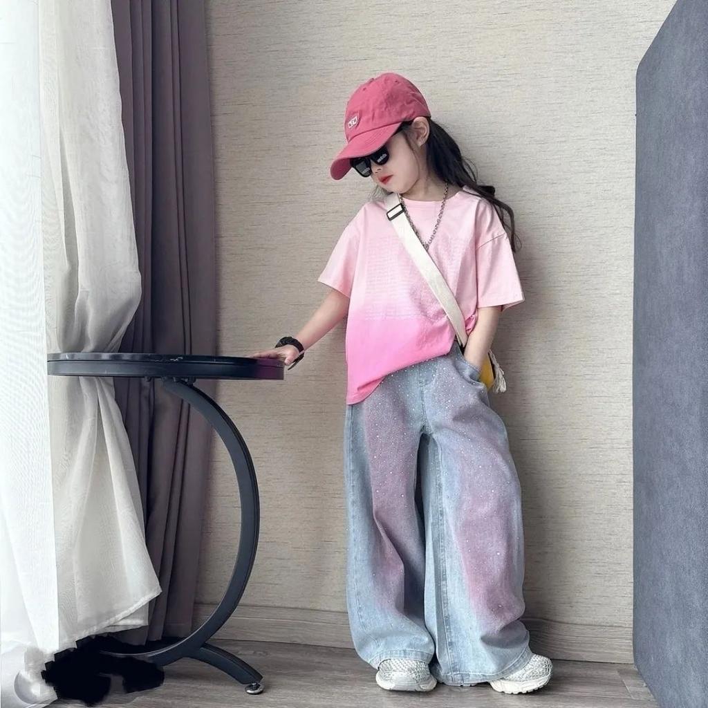 Girls' Summer Set Tie Dye Short Sleeved Rhinestone Embellished Slim and Wide Leg Jeans Fashionable and Casual Two-piece Set Fashionable