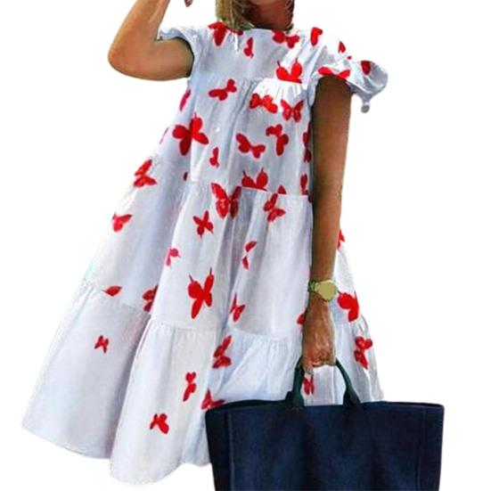O-Neck Mini Dress Popular Soft Texture Flying Short Sleeve Butterflies Pattern Large Hem