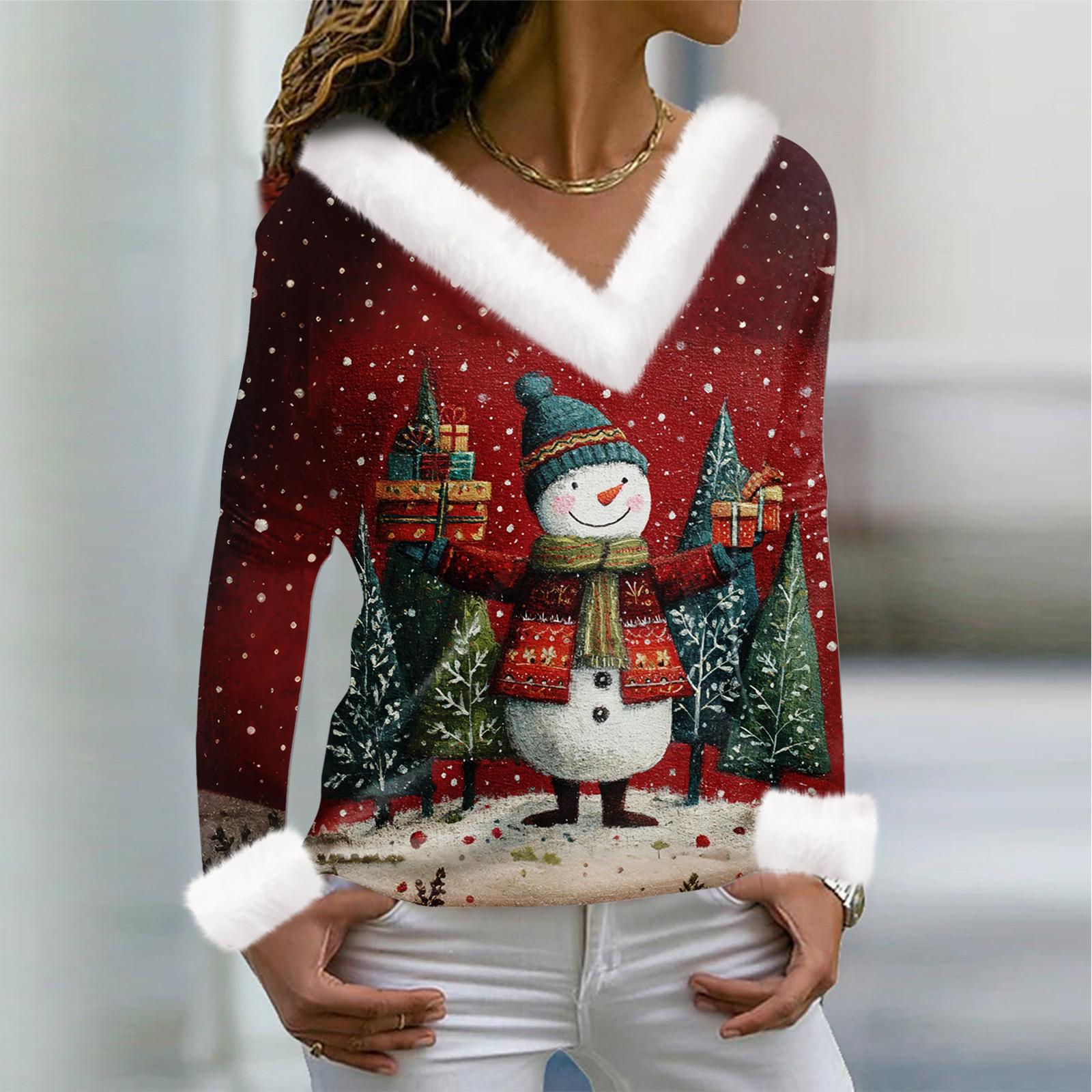 

Женская футболка с рождественским принтом, длинный рукав, флисовый воротник, V-образный вырез, футболка XL винный