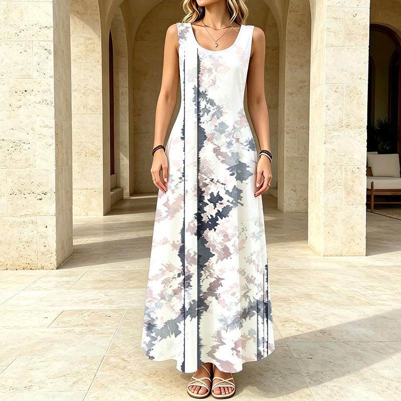 Women's U-Neck Sleeveless Maxi Dress Soft Flowy Big Hem,Trendy Print,Tummy Slimming,Elegant for Daily Casual & Vacation