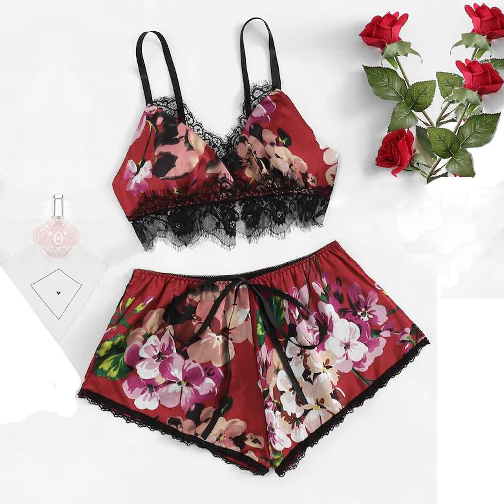 Fashion Sexy Lace Satin Trim Floral Bow Lingerie Set Pajamas Babydoll Sleepwear