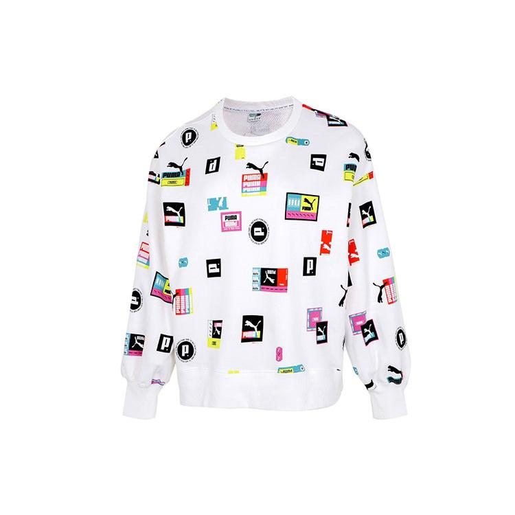 (WMNS) PUMA Full Print Logo Loose Round Neck Pullover Hoodie White Women s 535348-02 S