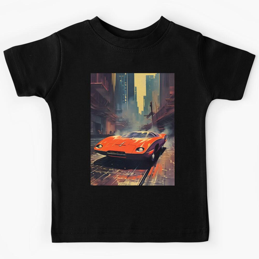 Retro Futuristic Red Sports Car and Concrete Jungle of the City of the Future Kids T-Shirt 160