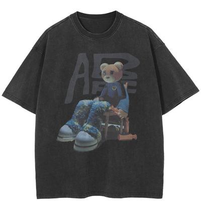 T-shirt Grafica Orso Triste Streetwear Cotone Nero Lavato T-shirt Unisex Oversize Maniche Corte