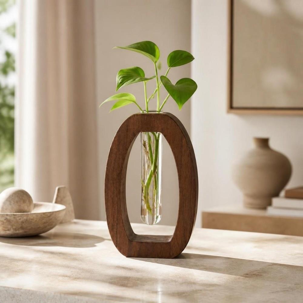 Home Decoration Hydroponic Flower Vase Wooden Flower Holder Water Plant Tube Stand Desktop Decor