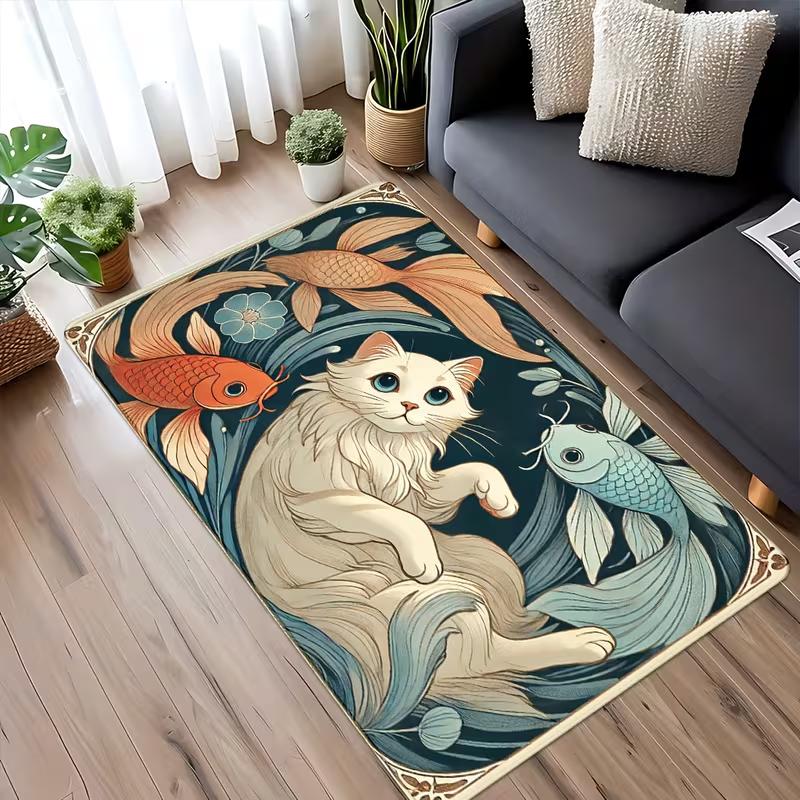 Cute Cat Floral Print Area Rug Boho Cartoon Kitten Flower Decor Mat Soft Non-Slip Home Decor Carpet for Living Room Bedroom