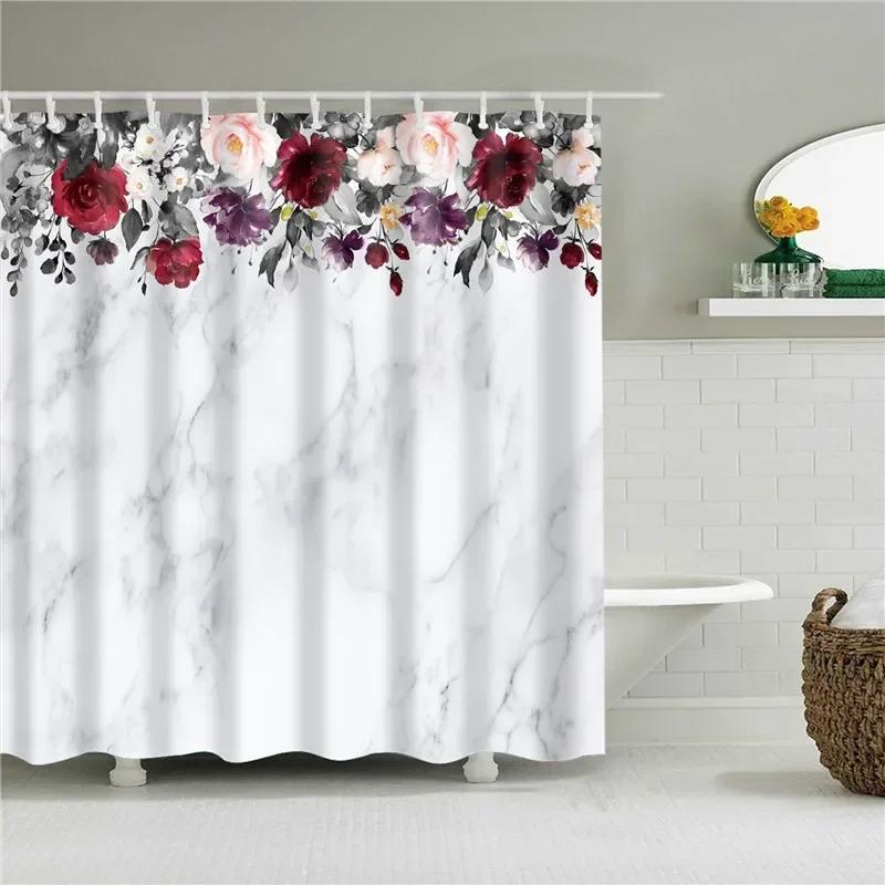 Lotus Buddha Rose Flower Green Leaves Lavender Butterfly Bathroom Accessories Set Shower Curtain with 12 Hooks