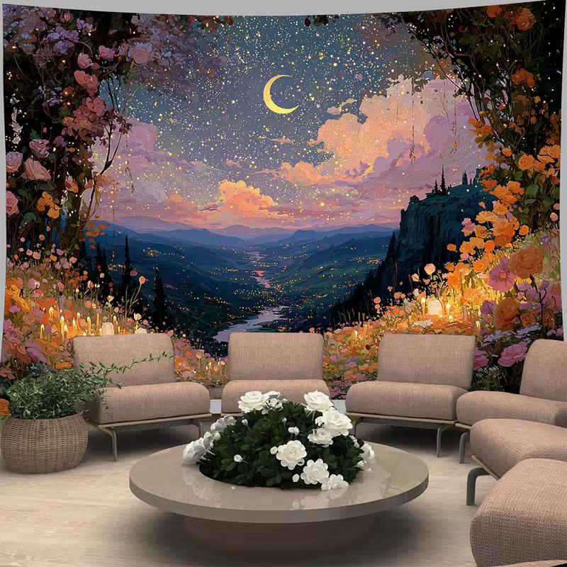 

2D Enchanted Floral Night Backdrop, Dreamy Starry Valley & Moonlight Wall Art 47.2x31.5inch/120*80cm