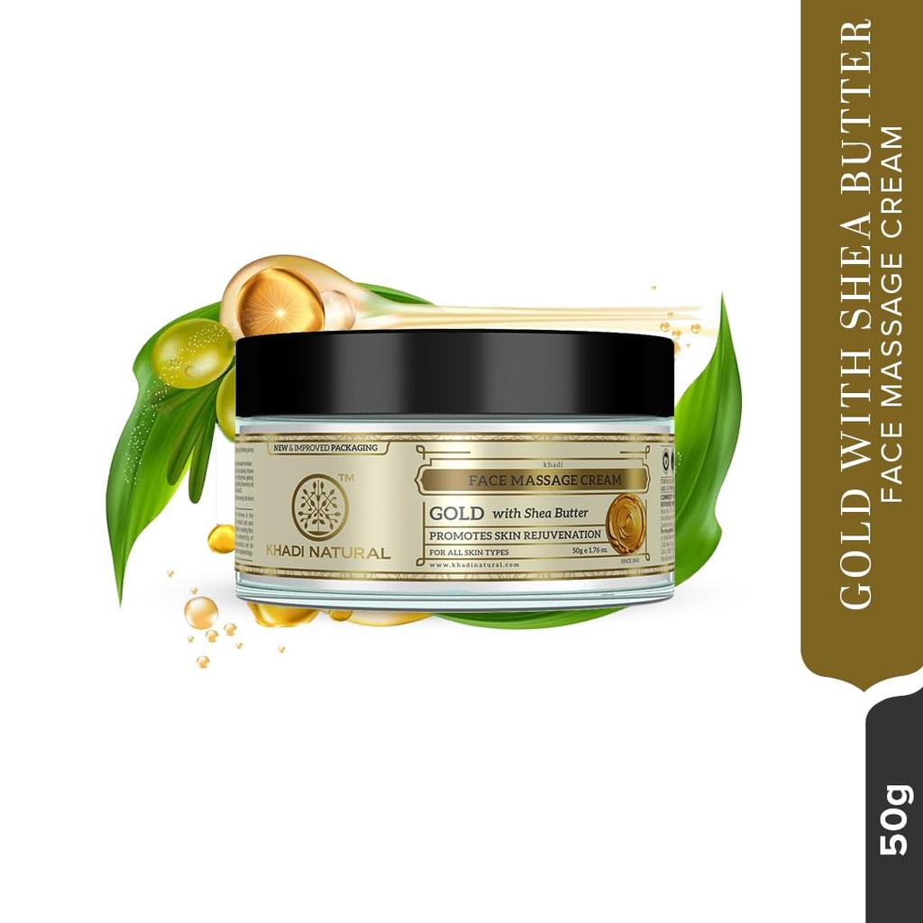Khadi Natural Gold Herbal Facial Massage Cream 50 g With Shea Butter For Nourishing Glow And Home Facial Care