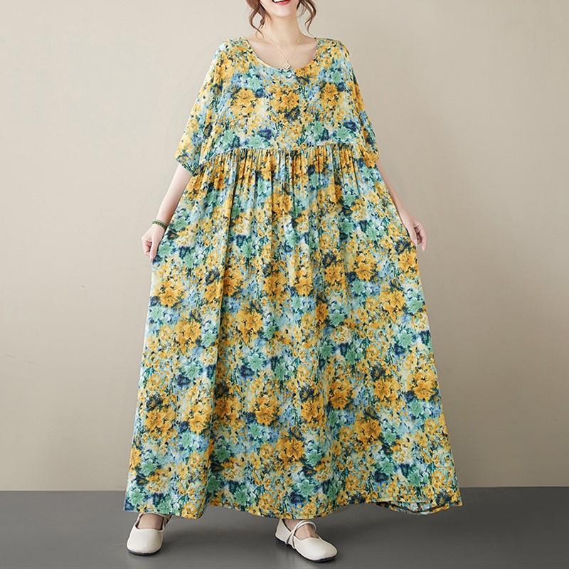 Kurzarm Plus-Size-Baumwolle im Vintage-Stil mit Blumenmuster, neu in Kleidern für Damen, lässiges, lockeres, langes Sommerkleid