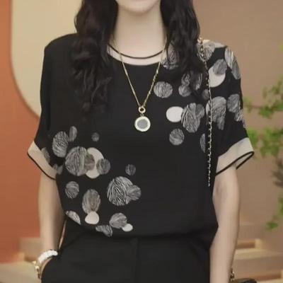 2024 Summer Women's Chiffon Print Short Sleeve T-Shirt - Stylish and Lightweight