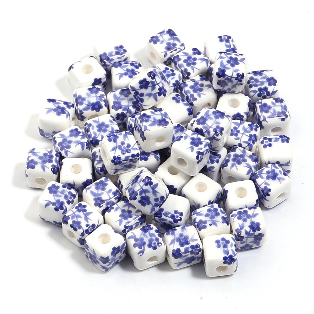 20pcs 8mm Flower Patterns Square Ceramic Beads Big Hole Porcelain Loose Beads For Jewelry Making DIY Bracelets Necklace Findings