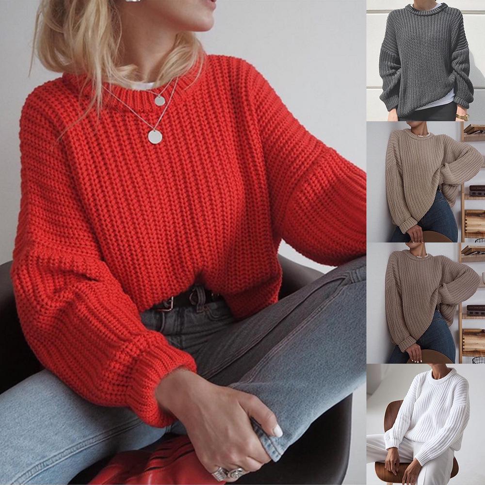 Damen Retro Strickpullover - Rundhalsausschnitt, Unifarbe, Lockere Passform, Herbst/Winter Pullover Top