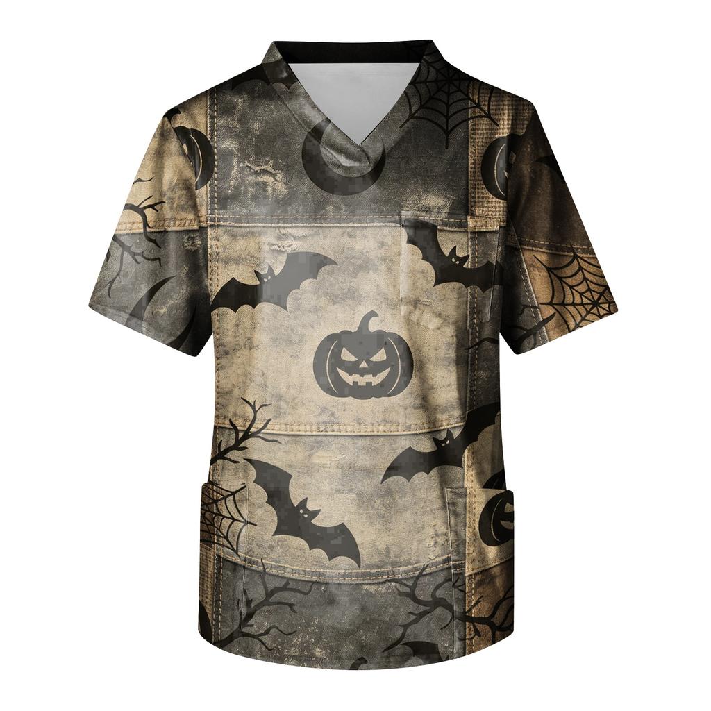 Herren Halloween Print Medizinische Kasack-Oberteil V-Ausschnitt mit Bindeband Taschen Bequeme Passform Tägliche Arbeitskleidung für medizinisches Fachpersonal