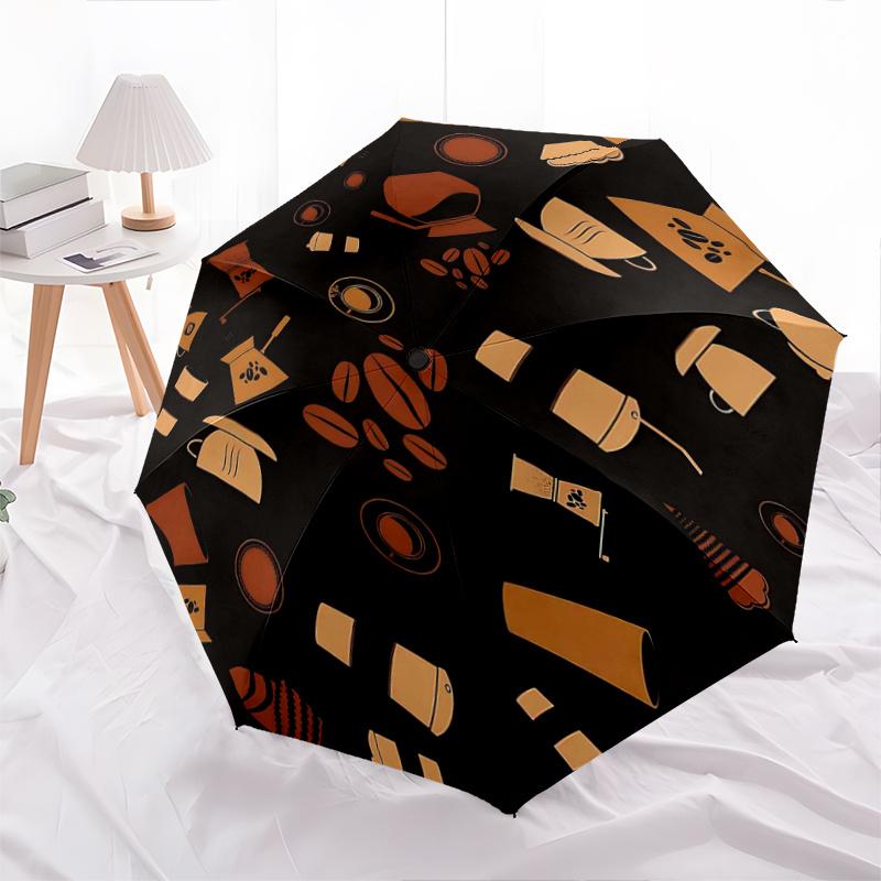 1pc Golden Coffee Icons Automatic Opening and Closing Practical Umbrella - Lightweight 3-Fold Design, Suitable for Fans, Travel, Daily Use - Official