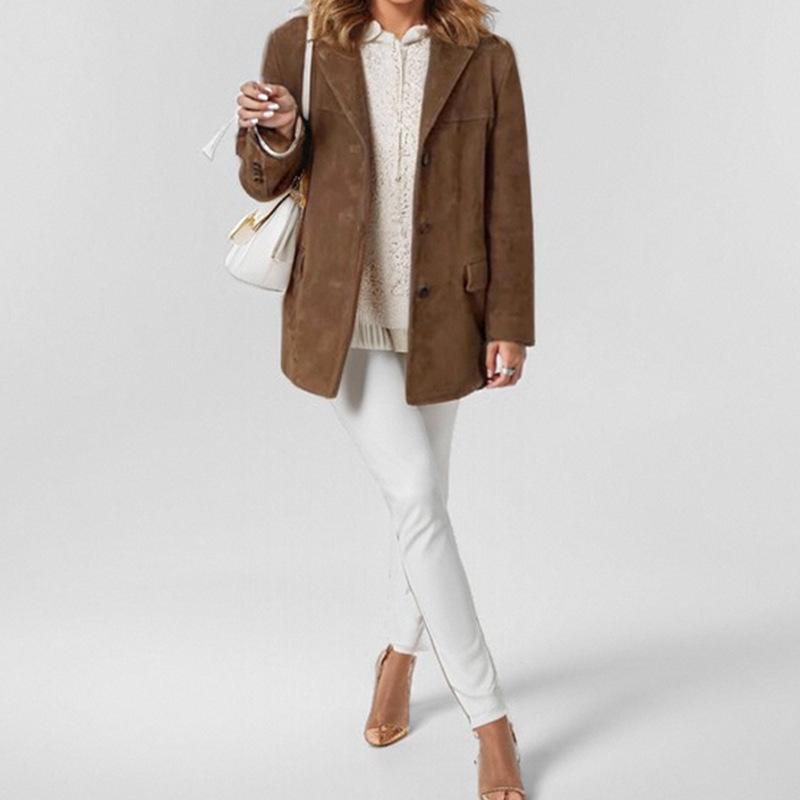 Vintage Brown Loose Fit Women's Long Sleeve Blazer with Pockets