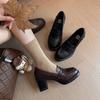 Heart melody~ Leather round head one-pedal loafers women's British style small leather shoes versatile thick high-heeled single shoes
