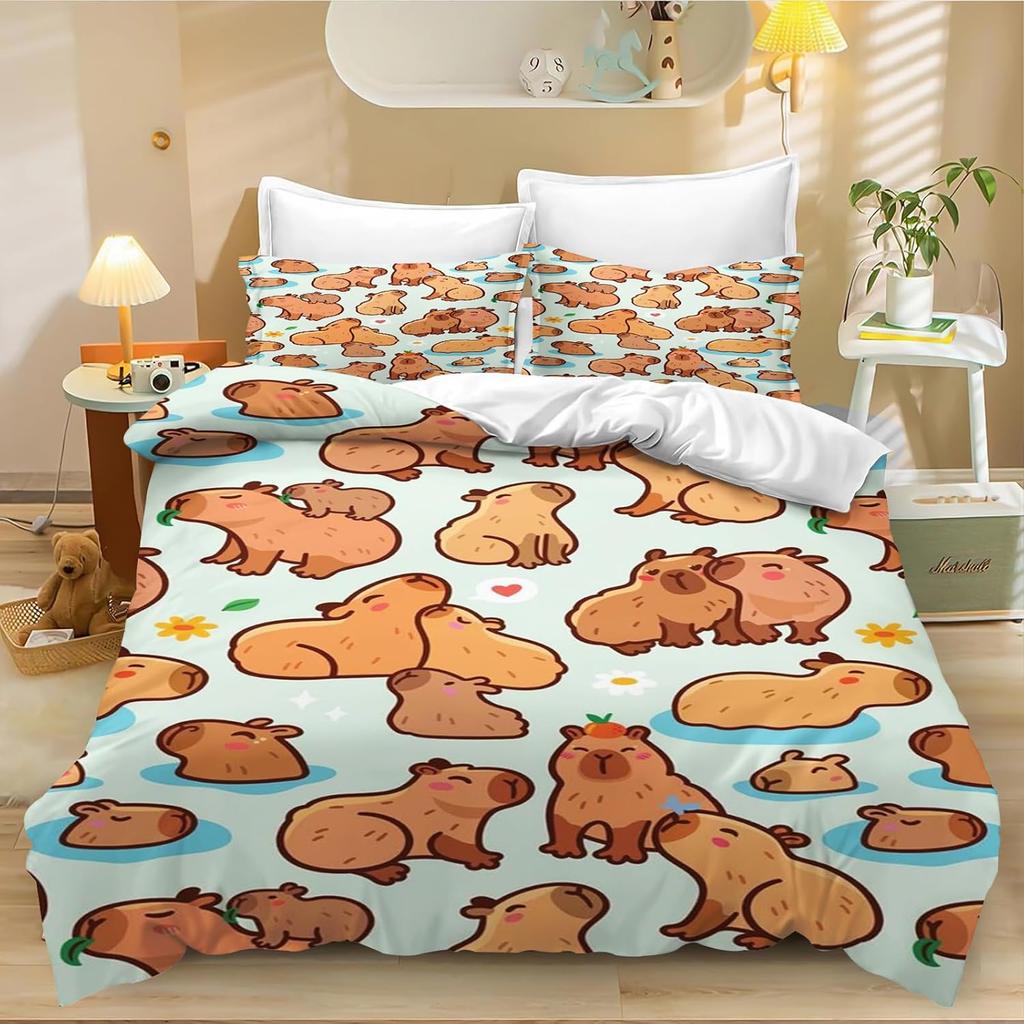 Cute Capybara Duvet Cover Single, Kawaii Animal Funny Wildlife Rodent Green Brown Bedroom Decor Quilt Cover Set for Children