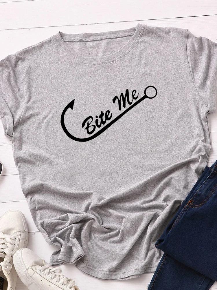Bite Me Fiskkrok Tryck Dam T-shirt Kortärmad O-hals Lös Dam T-shirt Dam T-shirt Toppar Kläder Camisetas Mujer