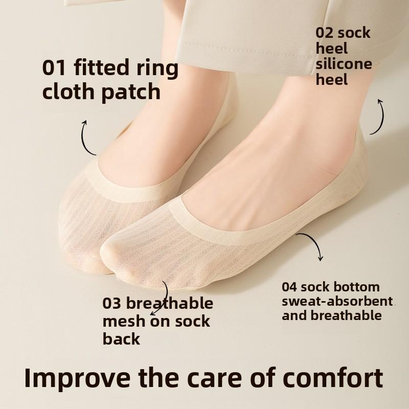 5 Pairs of Boat Socks for Women Summer Mesh Ultra-thin Shallow Mouth Invisible Socks for Women Silicone Non-slip with Socks