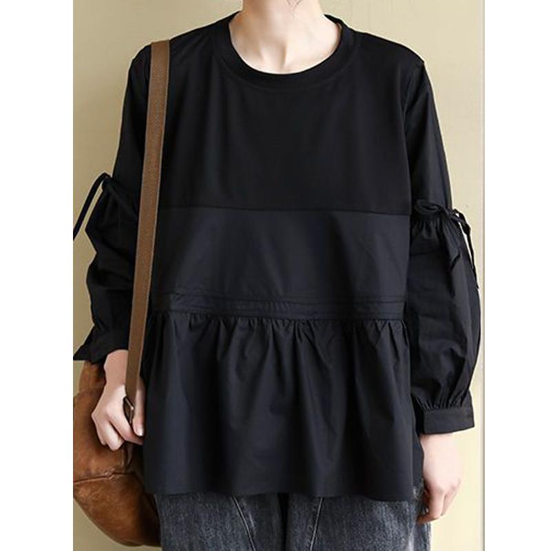 Clothes for Women Korean Fashion Bow Cute Chic Blouses Vintage Ruffled Patchwork Oversized Shirts Solid O Neck Long Sleeve Tops