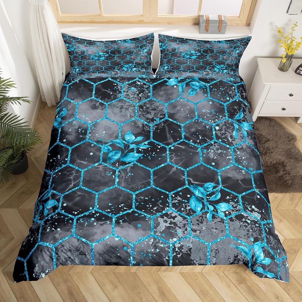 Geometric Duvet Cover Set Twin Queen Luxury Marble Comforter Cover Abstract Honeycomb Hexagon Bedding Set 2/3pcs for Boys Girls