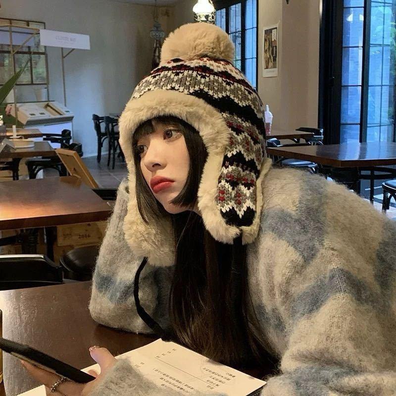 Winter New Velvet Warm Outdoor Cold Ear Protection Wool Knitted Hat Children Sweet and Cute Leisure