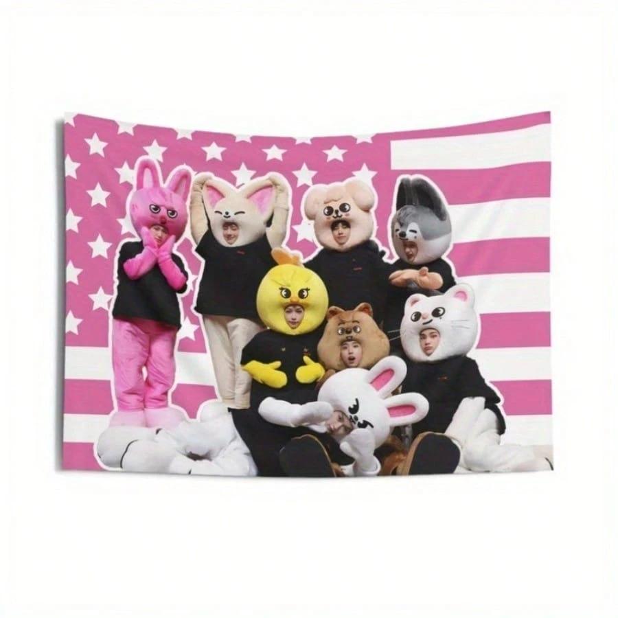1pc Stray Kpop Tapestry Cute Flag Design With Pink Stars White Stripes Polyester Fabric Perfect For Bedroom Decor Kpop Room 74x94cm(29x37in)