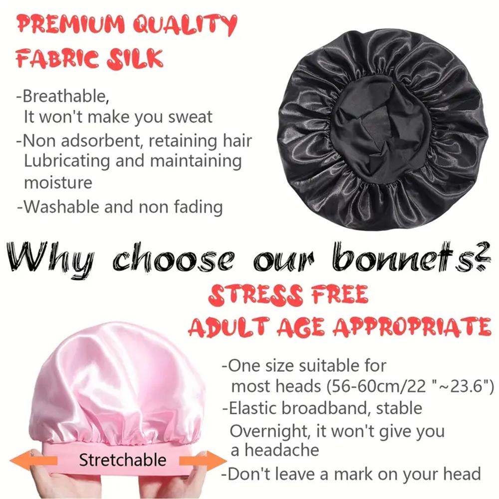 8pcs Silky Satin Bonnet Reusable Elastic Wide Band Shower Cap Sleep Cap Hair Protection Cap For Women Curly Hair Natural Hair