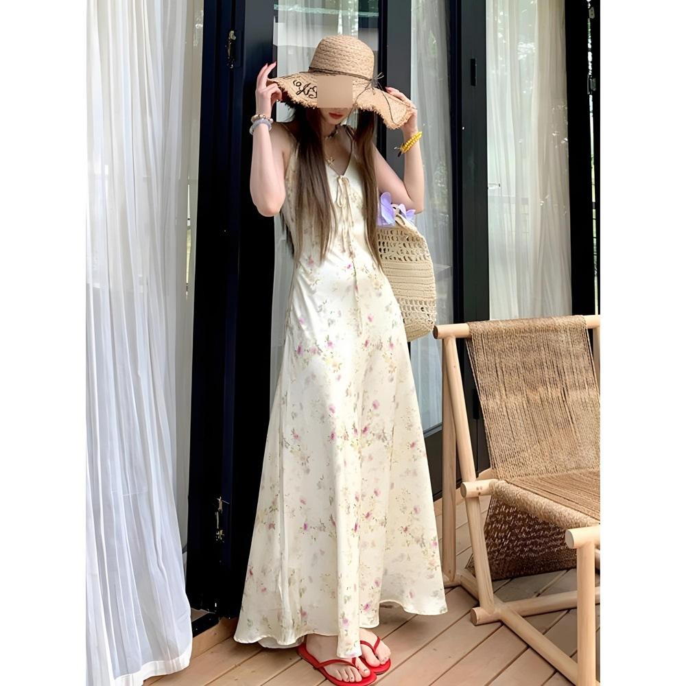 V-Ausschnitt Blumenkleid Damen Sommer sanfter Resort-Stil lässiges Damen-Sommerkleid Maxirock