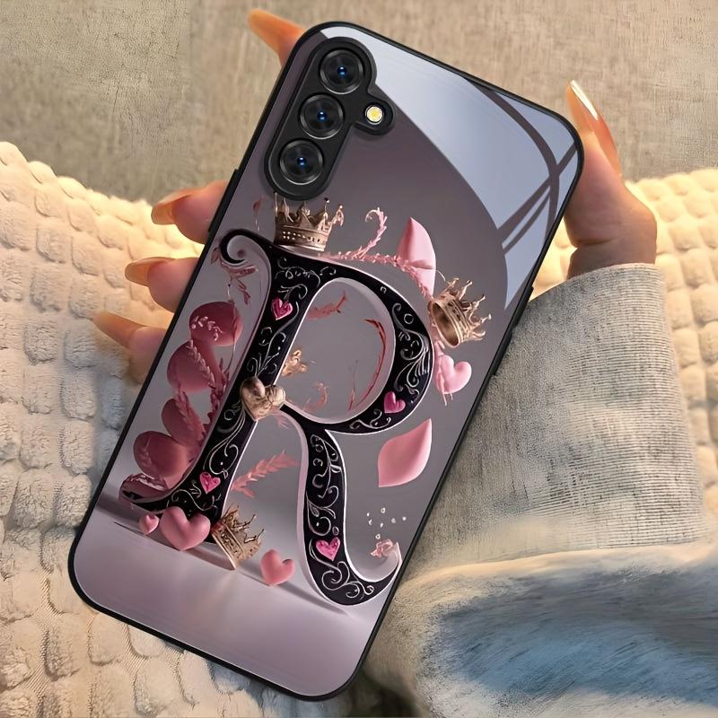 Letter R Crown Pattern Glass Phone Case Suitable for Samsung Galaxy S26 S25 S24 S22 S21 S20 FE/Ultra/Plus Hard Case