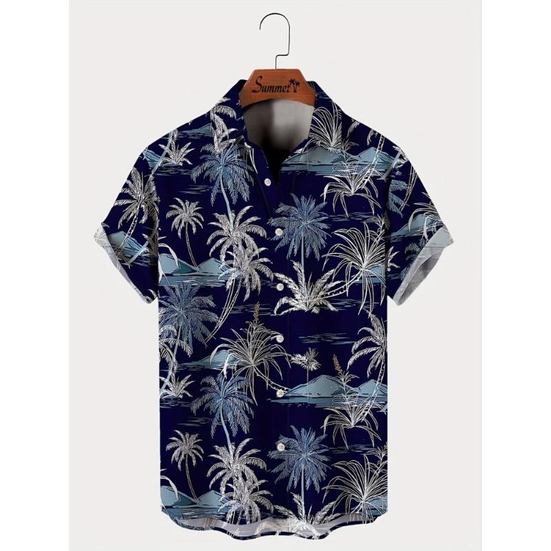 Men's Hawaiian Style Island Coconut Tree Short Sleeved Shirt with Full Print Collar Buttons, Beach Vacation Shirt