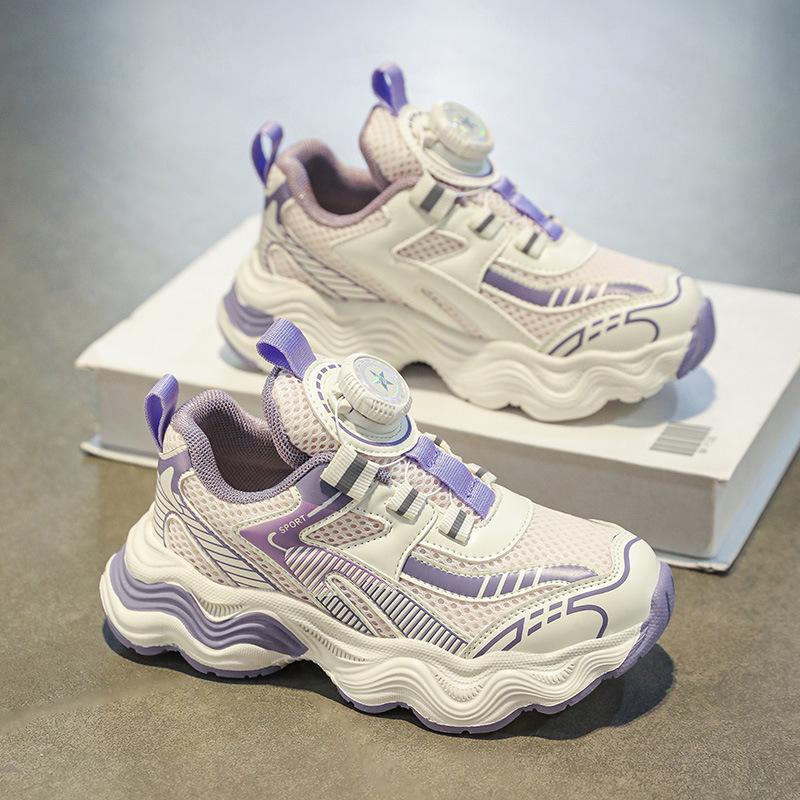 Summer breathable primary school students mesh button sports shoes lace-free girls non-slip wear-resistant lightweight sports running shoes