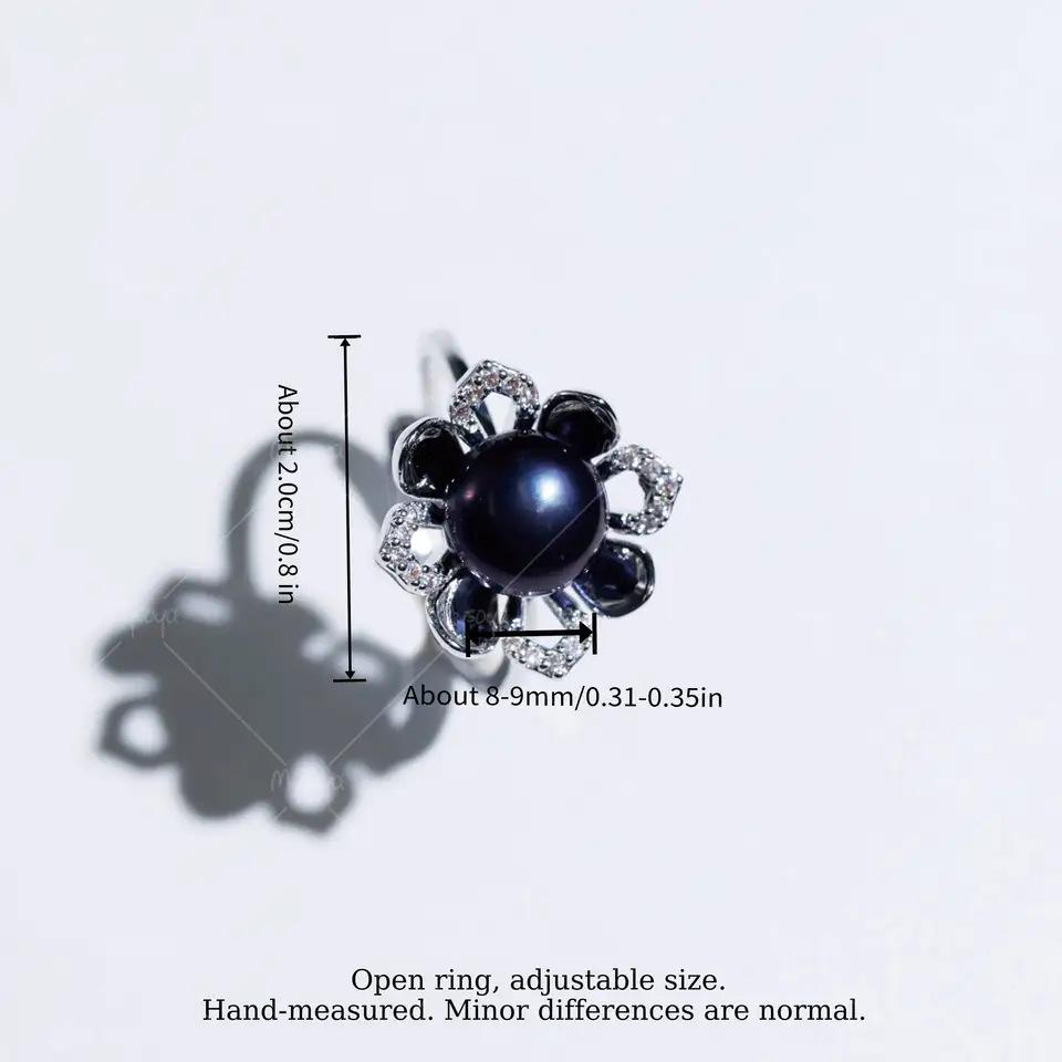 MYSOYA Adjustable Silver Flower Ring with 8-9mm Black Freshwater Pearl and CZ US серебряный