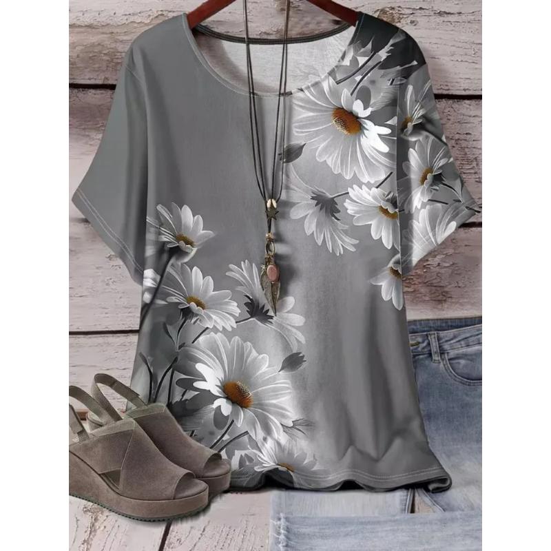 Comfortable Flower Print Top Women s Versatile Short Sleeve Loose T-Shirts Women’s XS
