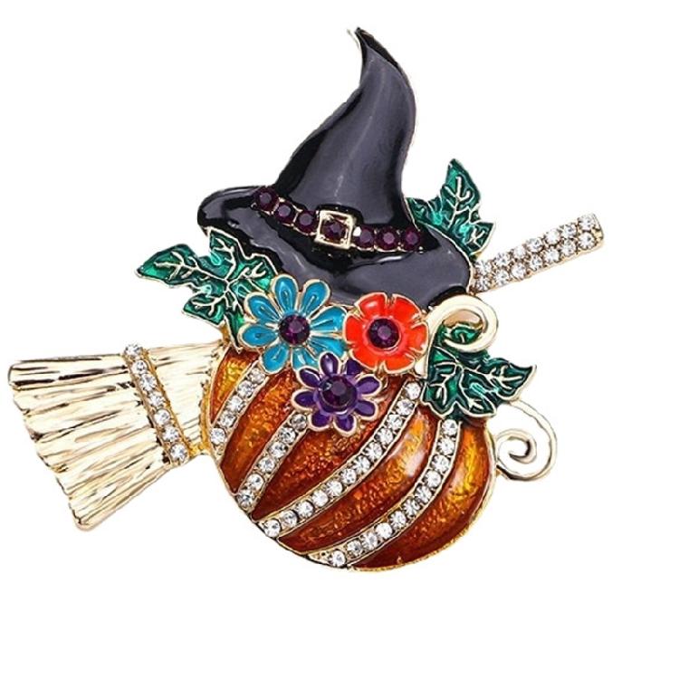 Halloween Themed Witch Pumpkin Broomstick Brooch Trendy Alloy Pin For Festive Outfit And Celebration Event