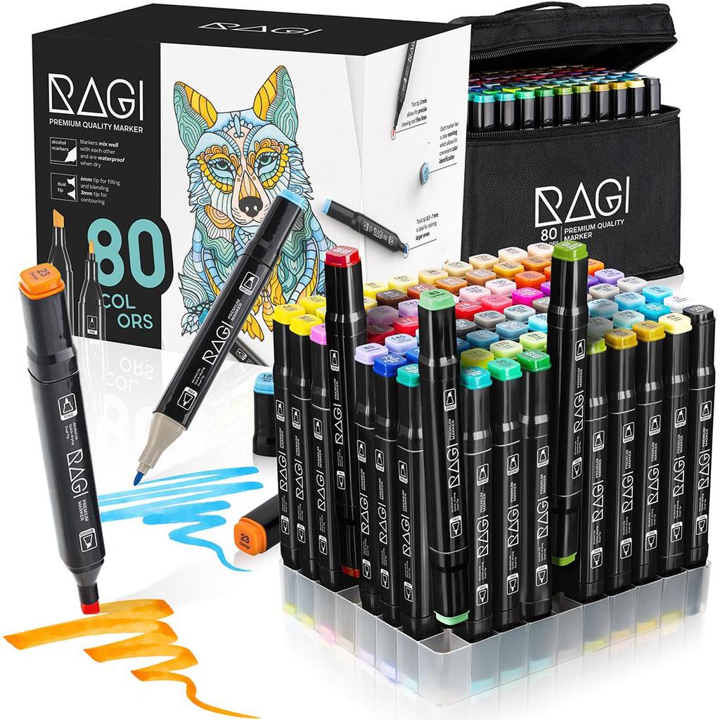 RAGI Pennarelli ad Alcool 80 Pennarelli fronte/retro, Doppia Punta, Set da Disegno Artistico Professionale
