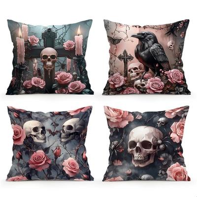 Short Plush Material Pillowcasehome Decor Skulls, Roses & Raven Dark Fantasy Pillow Pattern Cushion Cover Suitable For Sofa Bedr
