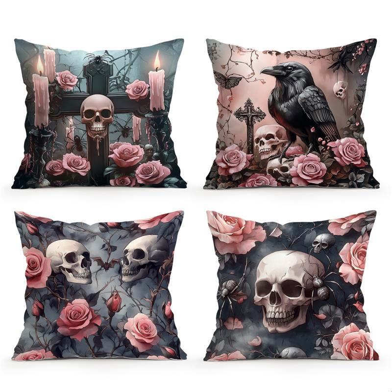 Shunika Chen Unisex Dark Short Plush Material Pillowcasehome Decor Skulls, Roses & Raven Fantasy Pillow Pattern Cushion Cover Suitable For Sofa Bedr