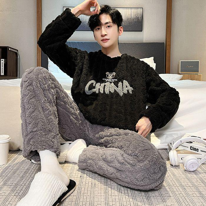 Men's Thick Coral Fleece Flannel Pajama Set - Warm Autumn/Winter Homewear