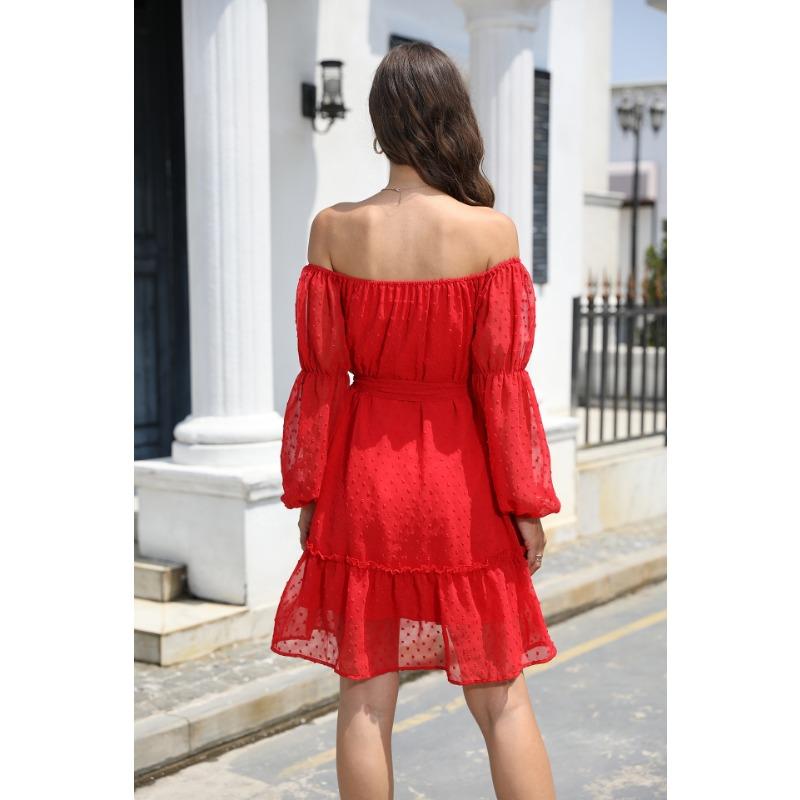 Spring and Autumn Women's Dress Elastic Neck Long Sleeve with Lining and Belt Strapless Dresses