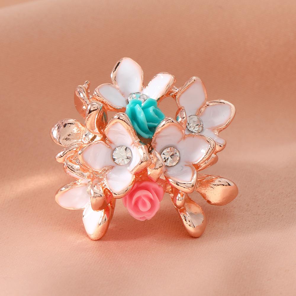 Diamond encrusted flower colorful creative sweet temperament versatile elegant adjustable ring with adjustable opening