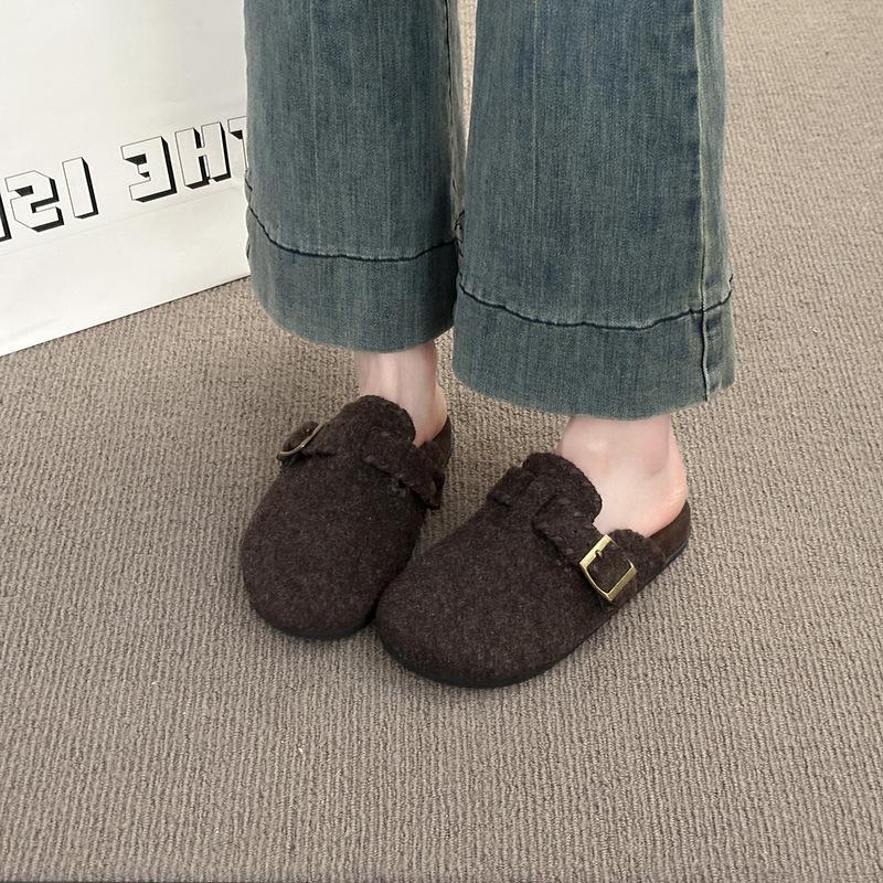 2025 Autumn New French Round Head Flat Bottom Half Slippers Women's Wear Versatile Fashion Bag Head Slippers Women's Shoes