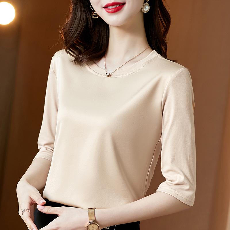 

Женская футболка с рукавом семь восьмых из сатина и ацетата - Коллекция Весна 2025, Модальный круглый вырез, Модная и универсальная. XL