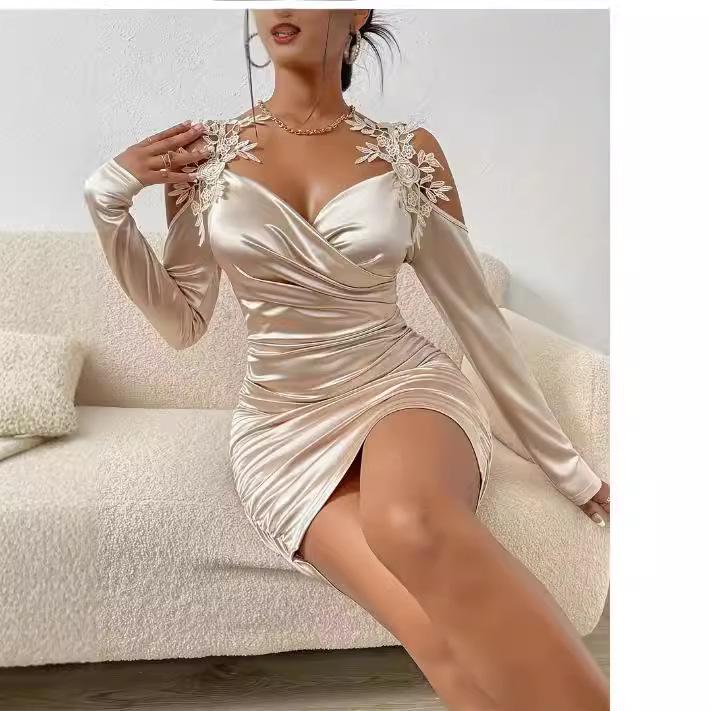 2025 Elegant Lace Satin Bodycon Dress with Pleated Skirt for Spring and Autumn