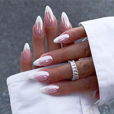 24Pcs Set Bare Powder Fake Nails With Glue Wearable French False Nails Press On White Edge Design Simple Pink Stiletto Nail Tips