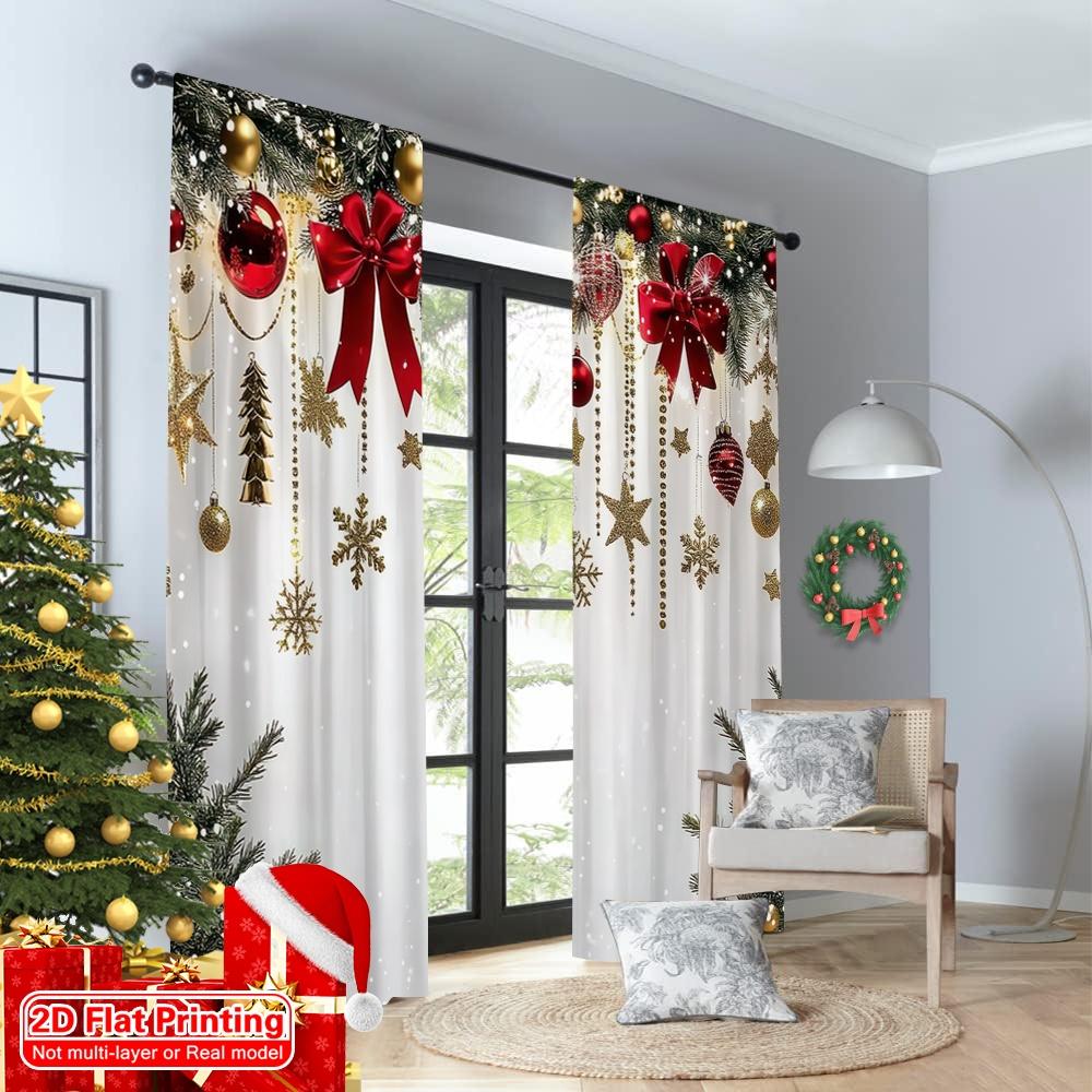 2D Flat Printing 2pcs Merry Christmas Curtain Red Bow Durable 100% Polyester Fabric Without Electricity Spring Party & Holiday