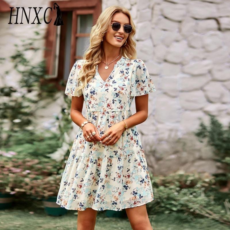 HNXC Dámská móda léto jaro ležérní šaty s krátkým rukávem a výstřihem do V