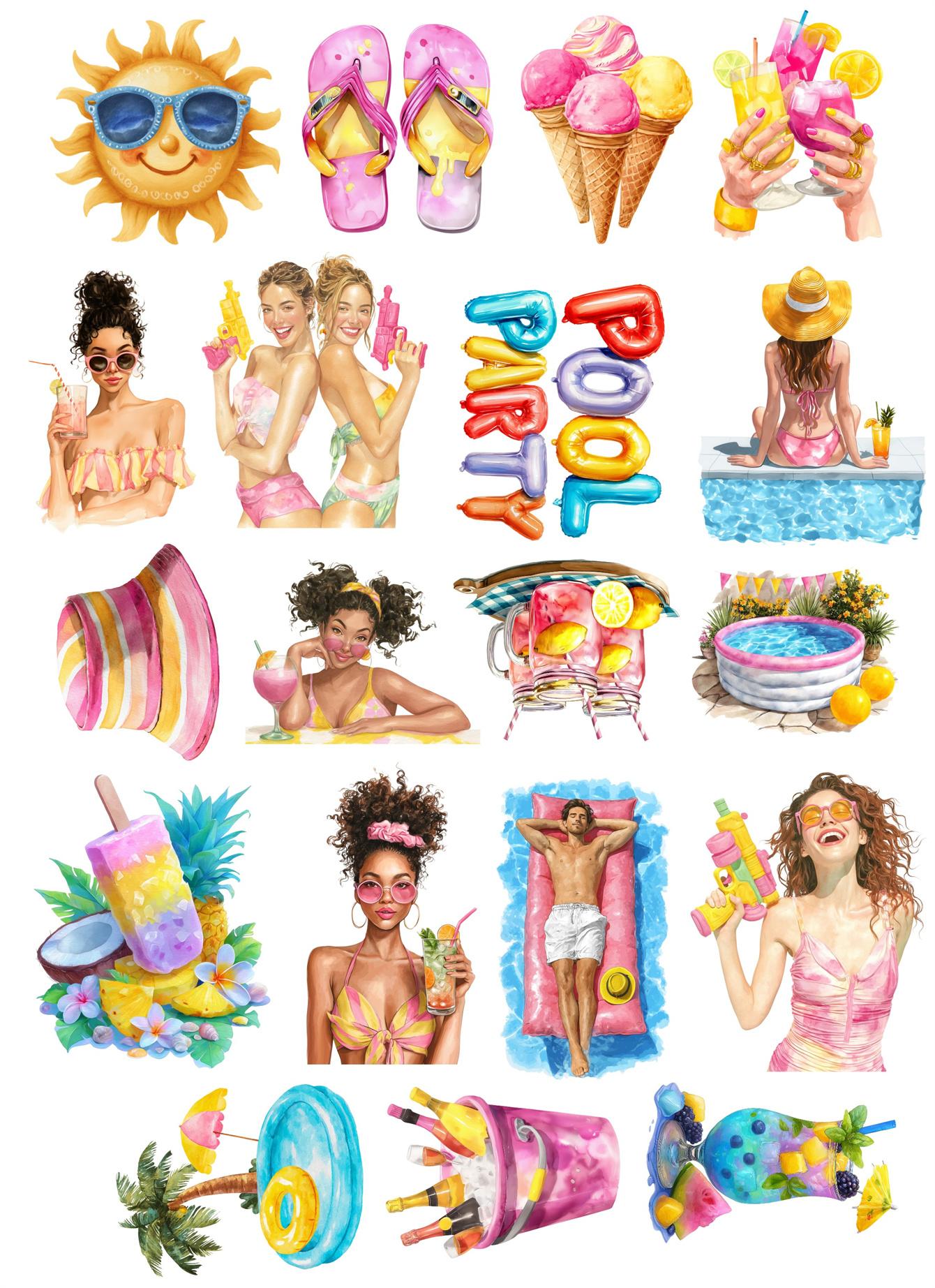 

19pcs Watercolor Summer Pool Party Stickers Diary Notebook Planner /Handbook DIY Letter Adesivos Flower Daily cute stationery белый