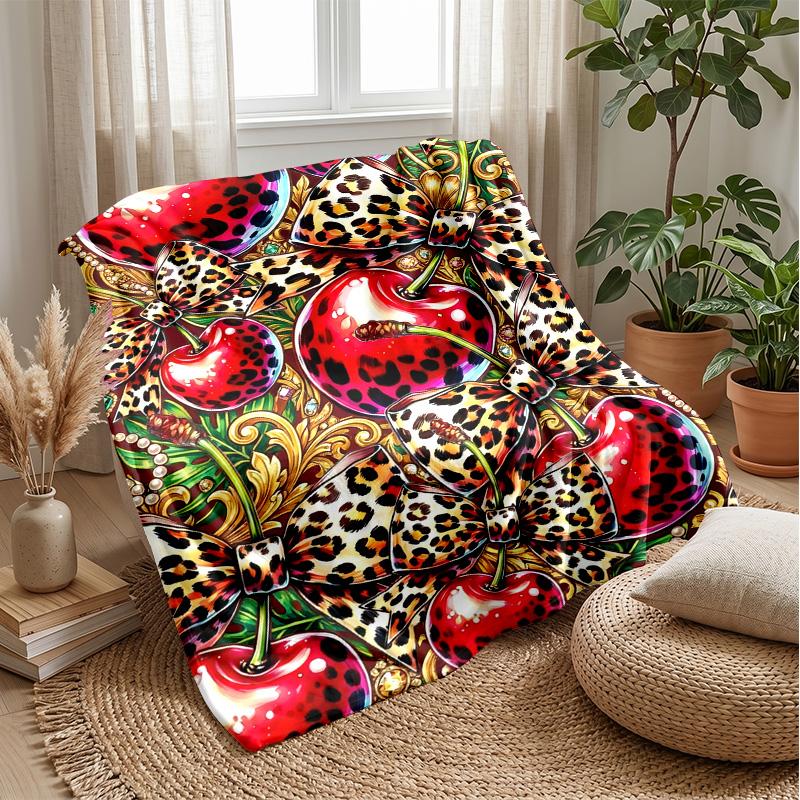 Cherries and Leopard Butterflies Blanket Personalized Name Flannel Blanket Soft Cozy Plush Throw for Sofa Bed Lightweight Home Decor